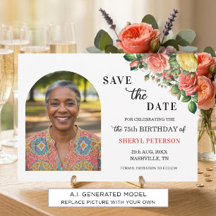 Save The Date Fête d'anniversaire élégante florale pour 75 ans