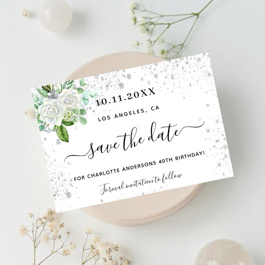 Save The Date Fête d'anniversaire floral blanc vert élégant