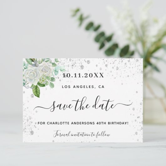 Save The Date Fête d'anniversaire floral blanc vert élégant (Debout devant)
