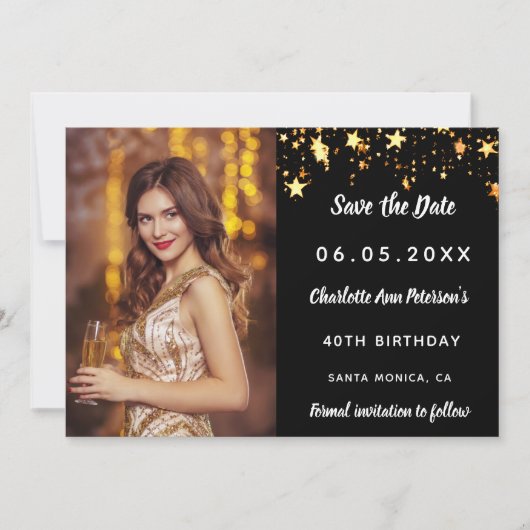 Save The Date fête d'anniversaire noir étoiles photo (Devant)
