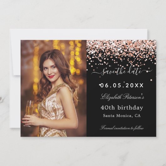 Save The Date fête d'anniversaire noir rose or scintille photo (Devant)