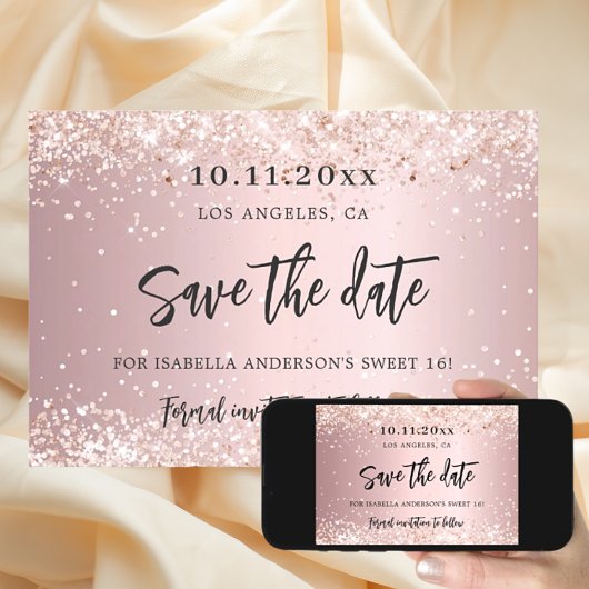 Save The Date Fête d'anniversaire rose pailleté blush