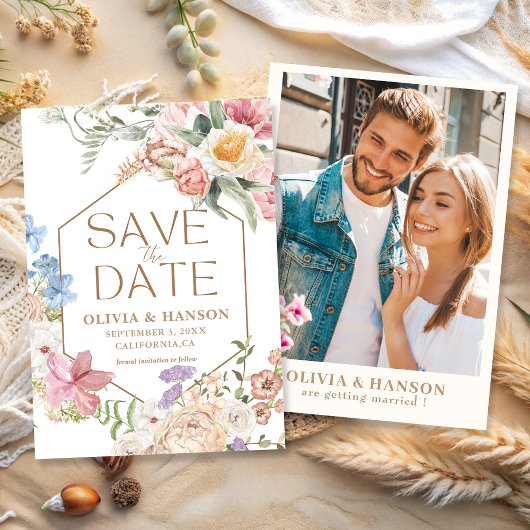 Save The Date Fête de mariage dans un jardin fleuri pastel avec 