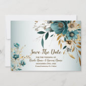 Save The Date Fête de mariage Turquoise Fleur blanche Feuilles d (Devant)
