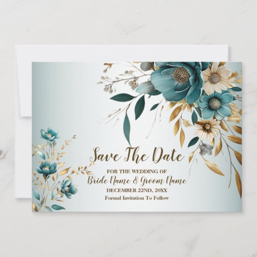 Save The Date Fête de mariage Turquoise Fleur blanche Feuilles d (Devant)