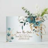 Save The Date Fête de mariage Turquoise Fleur blanche Feuilles d (Debout devant)