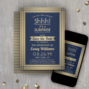 Save The Date Fête de retraite surprise Chut ! Bleu marine et or