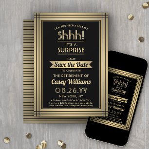 Save The Date Fête de retraite surprise Chut ! Élégant noir or