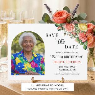 Save The Date Fête élégante de 101 ans avec fleurs et photos
