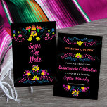 Save The Date Fête mexicaine Floral noir<br><div class="desc">Floral mexicain Enregistrer la carte Date dans les fleurs colorées d'art populaire mexicaine Fiesta. Le design est décoré de part et d'autre et le modèle est mis en place pour vous permettre d'ajouter votre date spéciale, votre nom, l'occasion et le texte personnalisé à l'arrière Le design peut être customisé pour...</div>