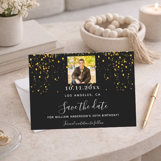 Save The Date Fête photo en or noir confetti