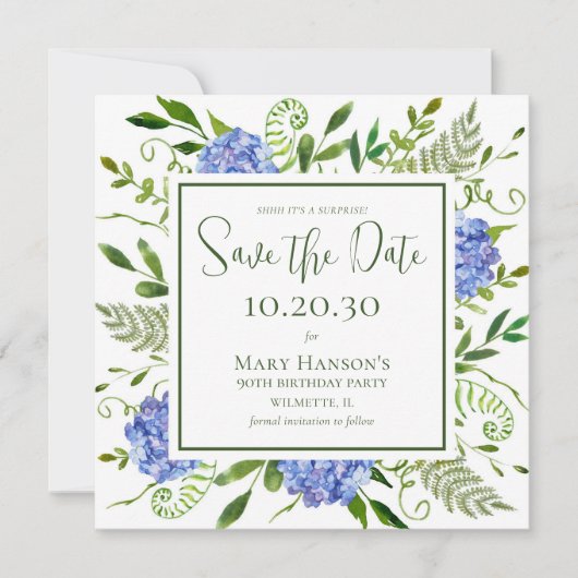 Save The Date Fête surprise pour les 90 ans avec des hortensias (Devant)