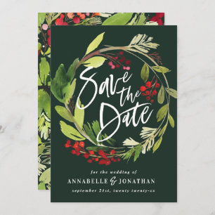 Save The Date feuillage botanique d'hiver vert rouge aquarelle s