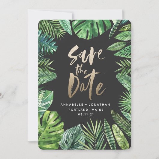 Save The Date Feuillage de feuille de palme tropicale et écritur (Devant)
