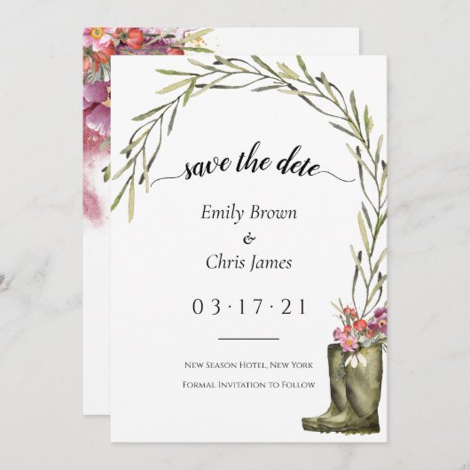 Save The Date Feuillage de jardin secret | Coupleboots Mariage r (Devant / Derrière)