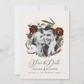 Save The Date Feuillage rustique, cerf burgundy grange enregistr (Devant)