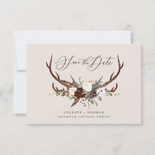 Save The Date Feuillage rustique, mariage floral et cerf (Devant)
