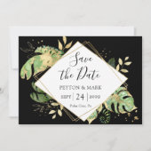 Save The Date Feuillage Tropical Noir & Or Élégant Géométrique (Devant)