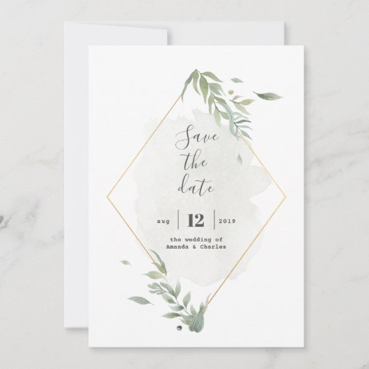 Save The Date Feuillage vert et cadre Or (Devant)