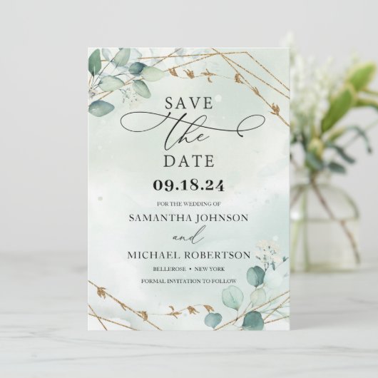 Save The Date Feuillage vert eucalyptus feuille faux cadre or (Debout devant)