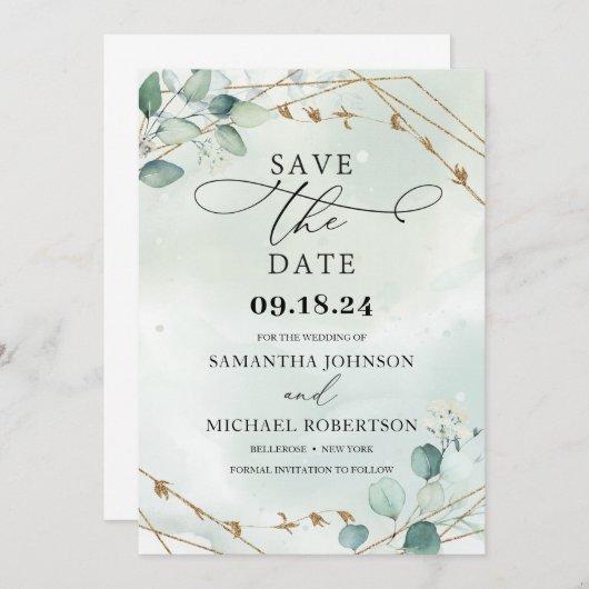 Save The Date Feuillage vert eucalyptus feuille faux cadre or (Devant / Derrière)