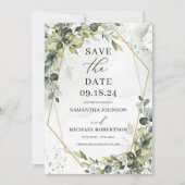 Save The Date Feuillage vert eucalyptus feuille or géométrique (Devant)
