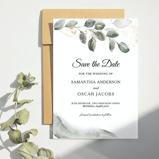 Save The Date Feuille d'aquarelle verte douce | Poussière d'or
