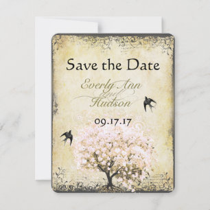 Save The Date Feuille de coeur Arbre rose Oiseau Vintage Enregis