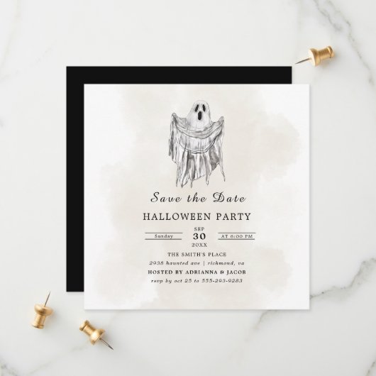 Save The Date Feuille de fantôme de bois effrayant classique Hal (Devant/Arrière en situation)