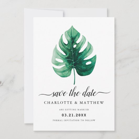 Save The Date Feuille de Monstera verte aquarelle tropicale mode (Devant)