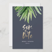 Save The Date Feuille de palme tropicale et écriture d'or (Devant)