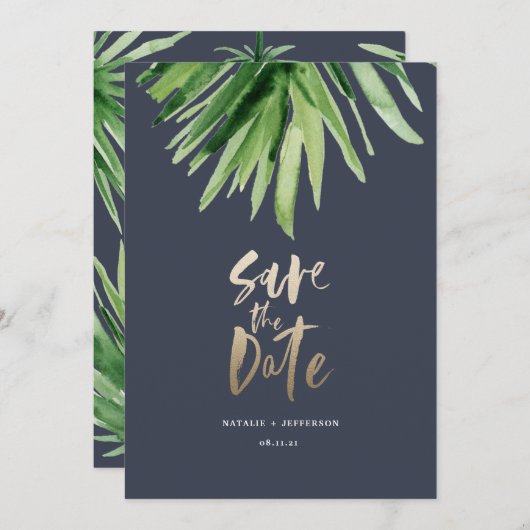 Save The Date Feuille de palme tropicale et écriture d'or (Devant / Derrière)