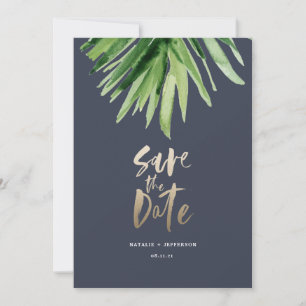 Save The Date Feuille de palme tropicale et écriture d'or