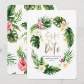 Save The Date Feuille de palme tropicale et script d'or floral (Devant / Derrière)