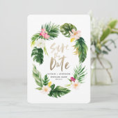 Save The Date Feuille de palme tropicale et script d'or floral (Debout devant)