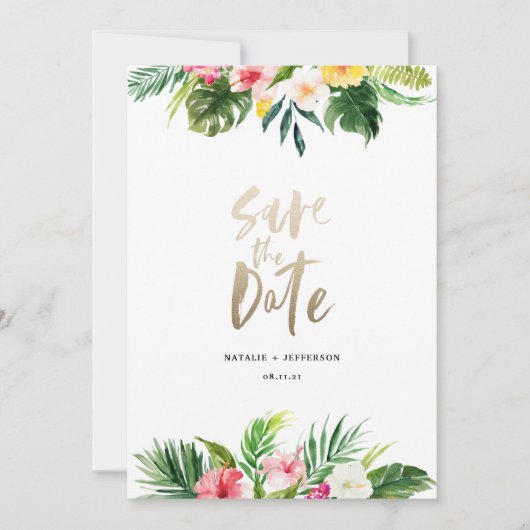 Save The Date Feuille de palme tropicale et script d'or floral (Devant)