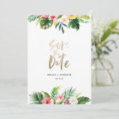 Save The Date Feuille de palme tropicale et script d'or floral (Debout devant)