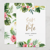 Save The Date Feuille de palme tropicale et script d'or floral (Devant / Derrière)