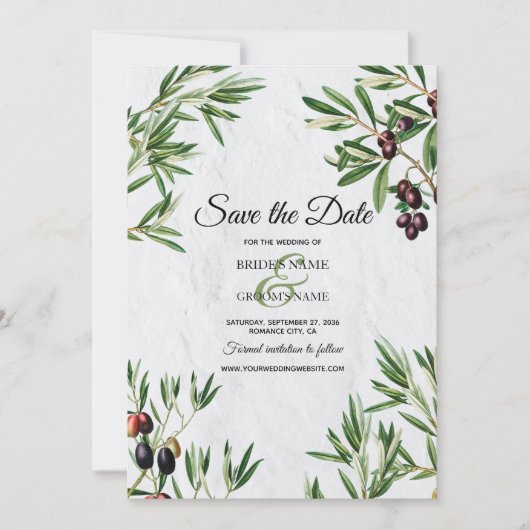 Save The Date Feuille d'olive méditerranéen grec Mariage de l'îl (Devant)
