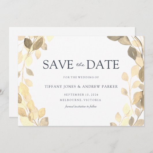 Save The Date Feuille d'or Élégant Mariage automne automne (Devant / Derrière)