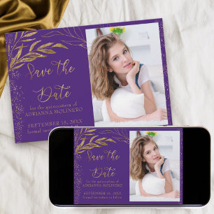 Save The Date Feuille d'Or et Calligraphie Photo Violet