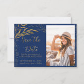 Save The Date Feuille d'or et calligraphie Royal Blue Photo (Devant)