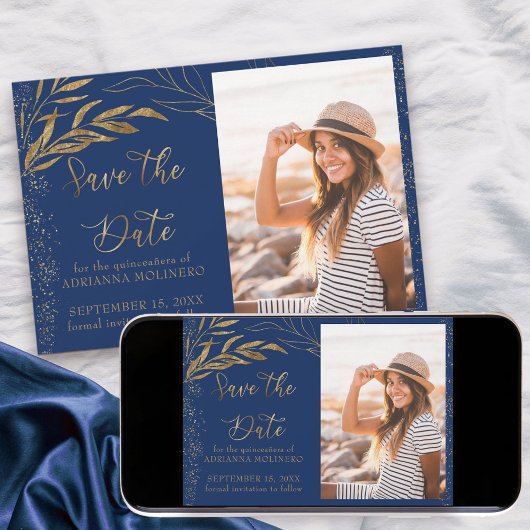 Save The Date Feuille d'or et calligraphie Royal Blue Photo