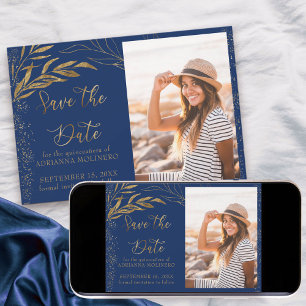 Save The Date Feuille d'Or et Photographie Royale Bleue Calligra