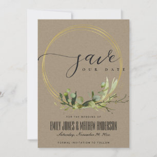 SAVE THE DATE FEUILLE D'OR VERT FONCÉ AUBIERE KRAFT RUSTIQUE