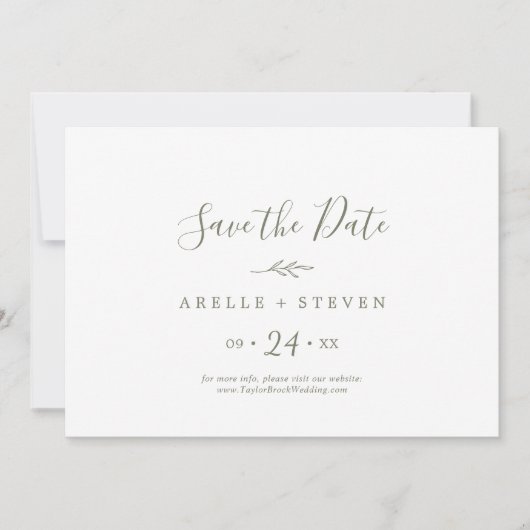 Save The Date Feuille minimale | Vert olive horizontal (Devant)