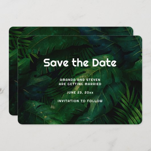 Save The Date Feuille Motif Mariage vert foncé (Devant / Derrière)