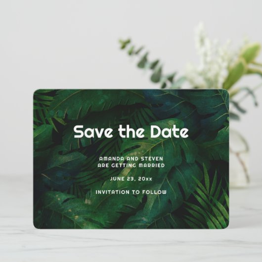 Save The Date Feuille Motif Mariage vert foncé (Debout devant)