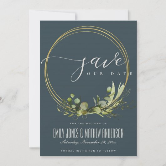 SAVE THE DATE FEUILLE VERTE GRIS RUSTIQUE FEUILLAGE DORÉ AQUAREL (Devant)