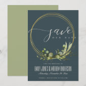 SAVE THE DATE FEUILLE VERTE GRIS RUSTIQUE FEUILLAGE DORÉ AQUAREL (Devant / Derrière)